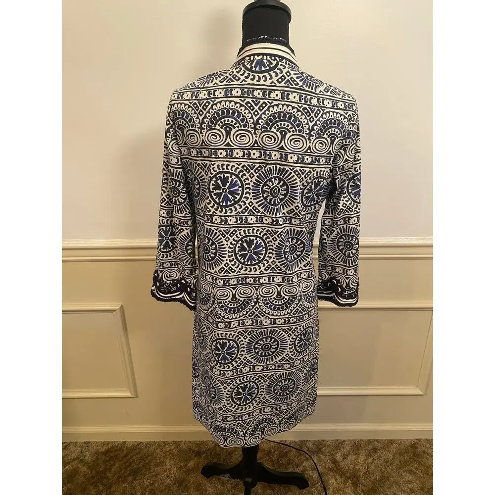 Tory Burch Tunic Shift Dress Mosaic Navy Blue White Tile Work Design Coastal